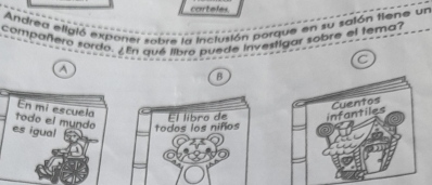 corteles 
Andred efigió exponer sobre la inclusión porque en su salón tiene un 
compañtero sordo. ¿En qué libro puede investigar sabra el tema? 
C 
a 
B 
En mi escuela 
todo el mundo 
es igual 
todos los niños El libro de