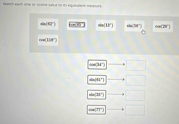 Match each sine or cosine value to its equivalent measure.
sin (62°) cos (65°) sin (13°) sin (56°) cos (29°)
cos (118°)
cos (34°) □
sin (61°) _  overline  □
sin (25°) |to □
cos (77°) □