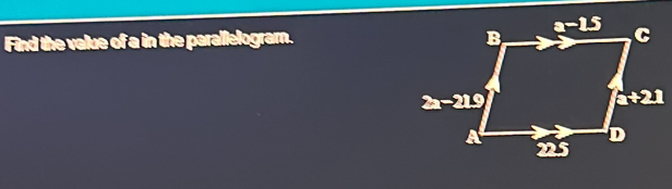 Find the value of a in the parallelogram.