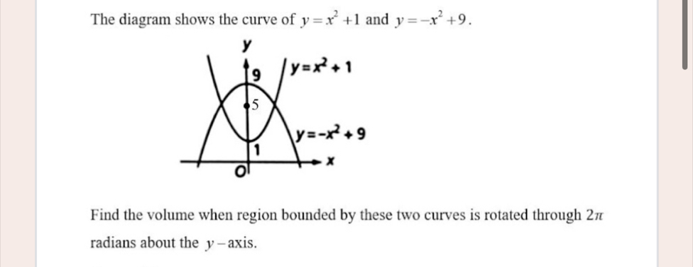 The diagram shows the curve of y=x^2+1 and y=-x^2+9.
Find the volume when region bounded by these two curves is rotated through 2π
radians about the y — axis.