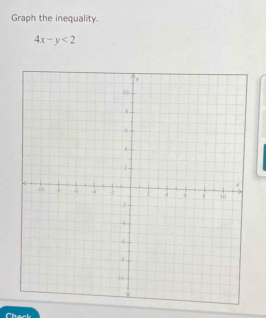 Graph the inequality.
4x-y<2</tex> 
Check