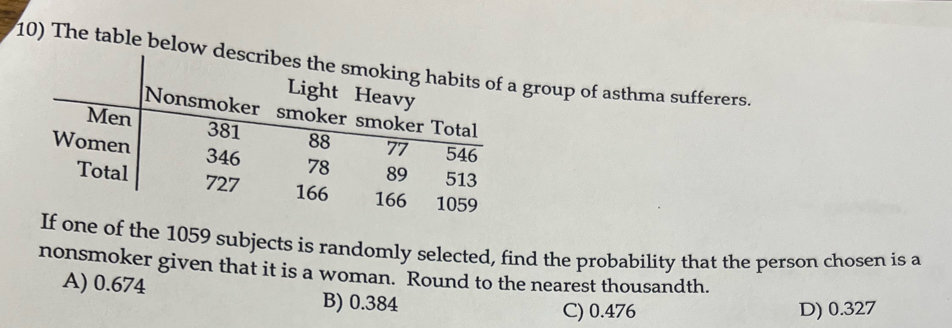 The table below group of asthma sufferers.
one of the 1059 subjects is randomly selected, find the probability that the person chosen is a
nonsmoker given that it is a woman. Round to the nearest thousandth.
A) 0.674 B) 0.384
C) 0.476 D) 0.327