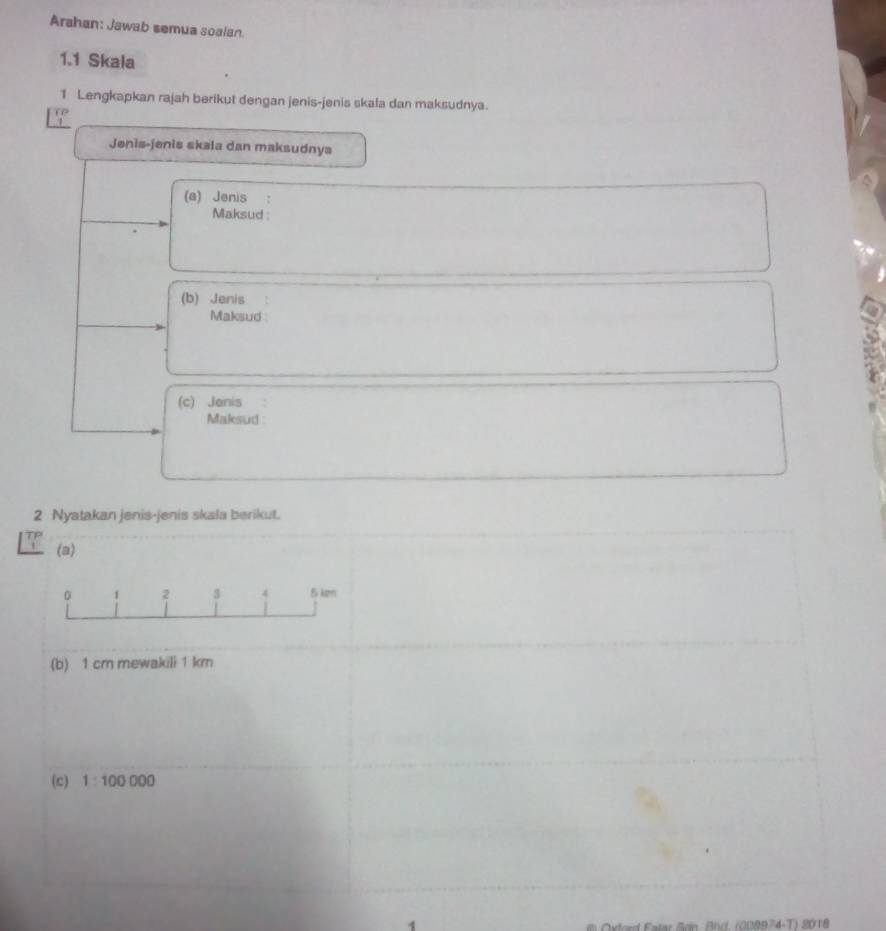 Arahan: Jawab semua soalan. 
1.1 Skala 
1 Lengkapkan rajah berikut dengan jenis-jenis skala dan maksudnya. 
Jenis-jenis skala dan maksudnya 
(a) Jenis 
Maksud : 
(b) Jenis 
Maksud 
(c) Janis 
Maksud : 
2 Nyatakan jenis-jenis skala berikut. 
(a)
0 1 2 3 4 5 k
(b) 1 cm mewakili 1 km
(c) 1:100000
Ad (009974-T) 2018