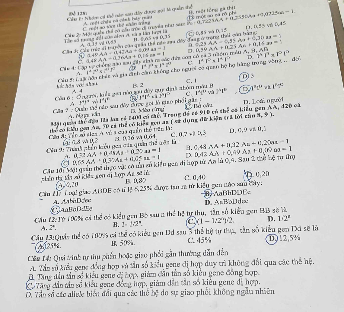 Nhóm cá thể nào sau đây được gọi là quần thể
Đề 128:
A. một chậu cá cảnh bảy màu B. một lồng gà thịt
Cầu 2: Một quần thể có cấu trúc di truyền như sau: overline P_0:0,7225AA+0,2550Aa+0,0225an=1. D một ao cá rô phi
C. một ao tôm thê chân trắng
Tần số tương đối của alen A và a lần lượt là C0,85 và 0,15 D. 0,55 và 0,45
A. 0,35 và 0,65 B. 0,65 và 0,35
Cầu 3: Cầu trúc di truyền của quần thể nào sau đây đai 0,25AA+0,55Aa+0,30aa=1
B.
n a=1 0,59AA+0,25Aa+0,16aa=1
①
C. 0,48AA+0,36Aa+0,16aa=1 0,49AA+0,42Aa+0,09
D.
ác đứa con c máu A, B, AB
Câu 4: Cặp I^AI^O* I^BI^O B. I^(wedge)I^B* I^(wedge)I^O C. I^(wedge)I^O* I^(wedge)I^O D. I^AI^B* I^OI^O
Câu 5: Luật là gia đình cấm không cho người có quan hệ họ hàng trong vòng ... đời
A.
kết hôn với nhau. B. 2 C. 1 D) 3
A. 4
Câu 6 : Ở người, kiểu gen nào sau đây quy định nhóm B
A. I^(wedge)I^(wedge) và I^AI^B B I^(wedge)I^(wedge) và I^(wedge)I^O C. I^AI^B và I^AI^B
D, I^BI^B và I^BI^O
Câu 7 : Quần thể nào sau đây được gọi là giao phối gần :
A. Ngựa vằn B. Mèo rừng C Bồ câu D. Loài người
Một quần thể đậu Hà lan có 1400 cá thể. Trong đó có 910 cá thể có kiểu gen AA, 420 cá
thể có kiểu gen Áa, 70 cá thể có kiểu gen aa ( sử dụng dữ kiện trả lời câu 8, 9 ).
Cầu 8: Tần số alen A và a của quần thể trên là:
A 0,8 và 0,2 B. 0,36 và 0,64 C. 0,7 và 0,3 D. 0,9 và 0,1
Cầu 9: Thành phần kiểu gen của quần thể trên là :
A. 0,32AA+0,48Aa+0,20aa=1 B. 0,48AA+0,32Aa+0,20aa=1
C 0,65AA+0,30Aa+0,05aa=1 D.
Câu 10: Một quần thể thực vật có tần số kiểu gen dị hợp tử Aa là 0,4. Sau 2 thế hệ tự thụ 0,42AA+0,49Aa+0,09aa=1
phần thì tần số kiểu gen dị hợp Aa sẽ là:
A)0,10 B. 0,80 C. 0,40 D. 0,20
Câu 11: Loại giao ABDE có tỉ lệ 6,25% được tạo ra từ kiều gen nào sau đây:
A. AabbDdee B AaBbDDEe
CAaBbDdEe D. AaBbDdee
Câu 12:Từ 100% cá thể có kiểu gen Bb sau n thế hệ tự thụ, tần số kiểu gen BB sẽ là
A. 2^n. 1-1/2^n. C. (1-1/2^n)/2. D. 1/2^n
B.
Câu 13:Quần thể có 100% cá thể có kiểu gen Dd sau 3 thế hệ tự thụ, tần số kiểu gen Dd sẽ là
~(A)25%. B. 50%. C. 45% D,12,5%
Câu 14: Quá trình tự thụ phần hoặc giao phối gần thường dẫn đến
A. Tần số kiểu gene đồng hợp và tần số kiểu gene dị hợp duy trì không đổi qua các thể hệ.
B. Tăng dần tần số kiểu gene dị hợp, giảm dần tần số kiểu gene đồng hợp.
C Tăng dần tần số kiểu gene đồng hợp, giảm dần tần số kiểu gene dị hợp.
D. Tần số các allele biến đổi qua các thế hệ do sự giao phối không ngẫu nhiên