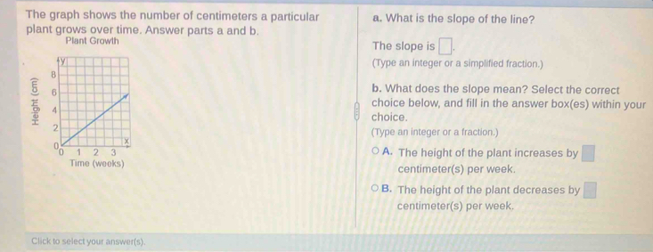 The graph shows the number of centimeters a particular a. What is the slope of the line?
plant grows over time. Answer parts a and b.
Plant Growth The slope is □. 
(Type an integer or a simplified fraction.)
E 
b. What does the slope mean? Select the correct
choice below, and fill in the answer box(es) within your
choice.
(Type an integer or a fraction.)
A. The height of the plant increases by □
Time (weeks) centimeter(s) per week.
B. The height of the plant decreases by □
centimeter(s) per week.
Click to select your answer(s).