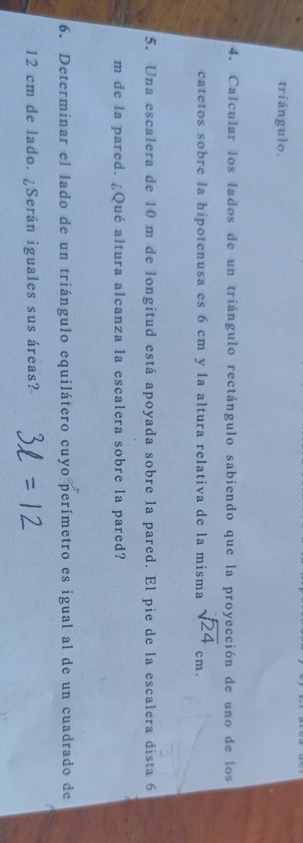 triángulo. 
4. Calcular los lados de un triángulo rectángulo sabiendo que la proyección de uno de los 
catetos sobre la hipotenusa es 6 cm y la altura relativa de la misma sqrt(24)cm. 
5. Una escalera de 10 m de longitud está apoyada sobre la pared. El pie de la escalera dista 6
m de la pared. ¿Qué altura alcanza la escalera sobre la pared? 
6. Determinar el lado de un triángulo equilátero cuyo perímetro es igual al de un cuadrado de
12 cm de lado. ¿Serán iguales sus áreas?