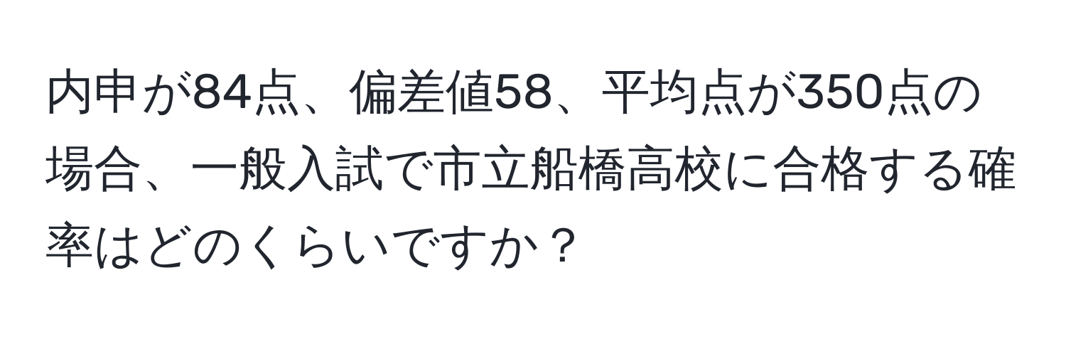 内申が84点、偏差値58、平均点が350点の場合、一般入試で市立船橋高校に合格する確率はどのくらいですか？