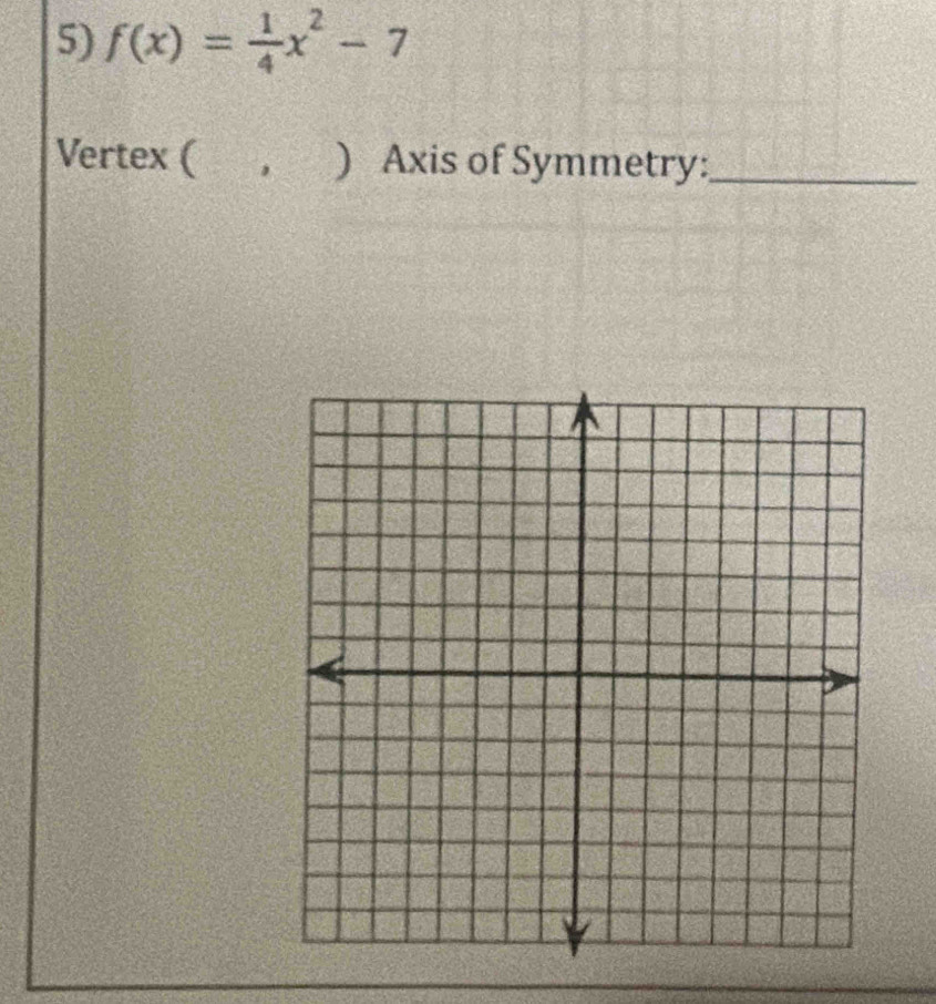 f(x)= 1/4 x^2-7
Vertex ( ， ) Axis of Symmetry:_