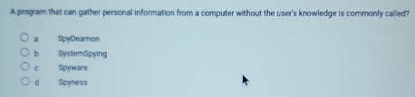 A program that can gather personal information from a computer without the user's knowledge is commonly called?. SpyDeamon
b SystemSpying
C Spyware
d Spyness