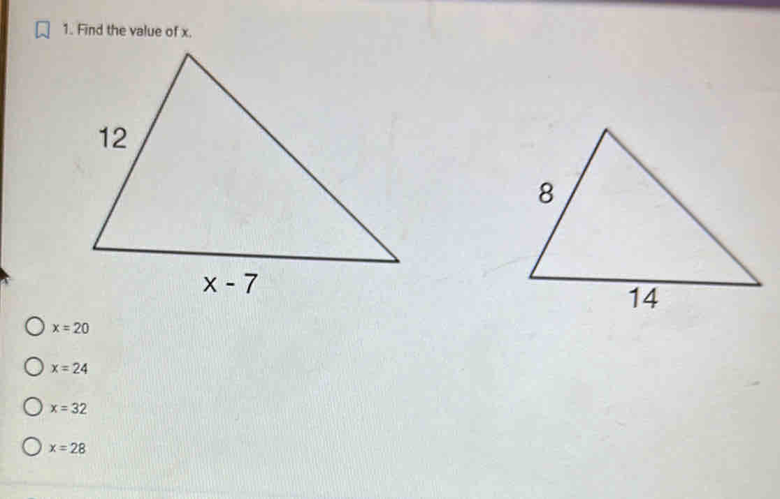 Find the value of x.
x=20
x=24
x=32
x=28