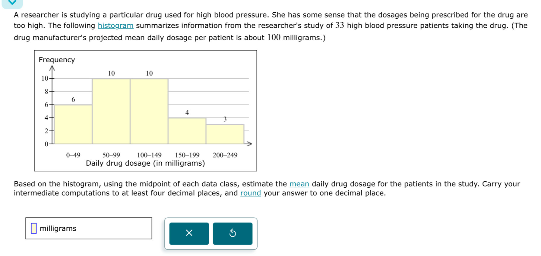 A researcher is studying a particular drug used for high blood pressure. She has some sense that the dosages being prescribed for the drug are 
too high. The following histogram summarizes information from the researcher's study of 33 high blood pressure patients taking the drug. (The 
drug manufacturer's projected mean daily dosage per patient is about 100 milligrams.) 
Based on the histogram, using the midpoint of each data class, estimate the mean daily drug dosage for the patients in the study. Carry your 
intermediate computations to at least four decimal places, and round your answer to one decimal place.
milligrams
S