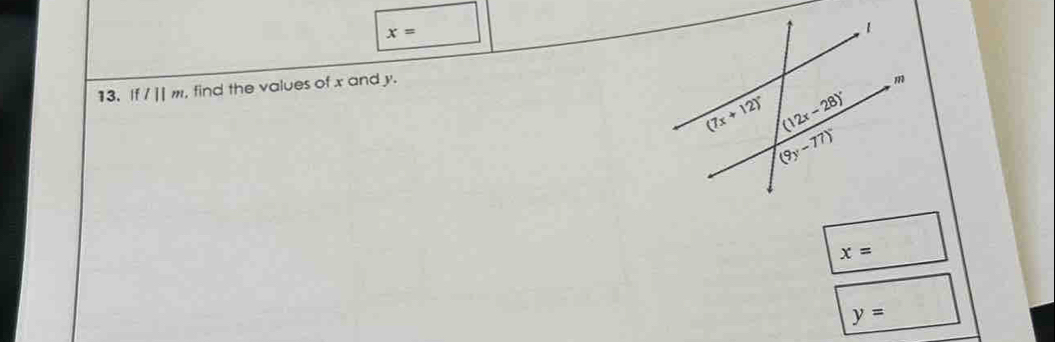 x=
13. Ifl||m , find the values of x and y.
x=
y=