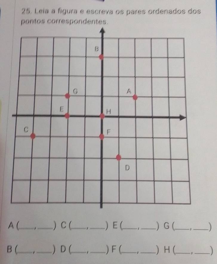 Leia a figura e escreva os pares ordenados dos 
pontos correspondentes. 
A (_ _) C (_ 1 _) E (_ 1_ ) G (_ 1_ 
B (_ . _) D (_ . _) F (_ _) H(_ 1_