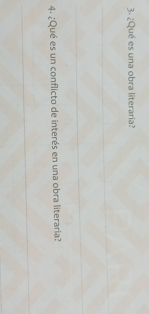 ¿Qué es una obra literaria? 
_ 
_ 
4. ¿Qué es un conflicto de interés en una obra literaria? 
_