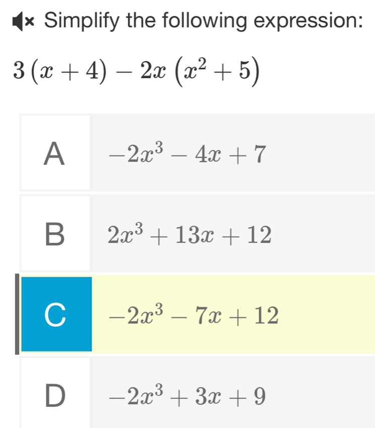 Simplify the following expression:
3(x+4)-2x(x^2+5)