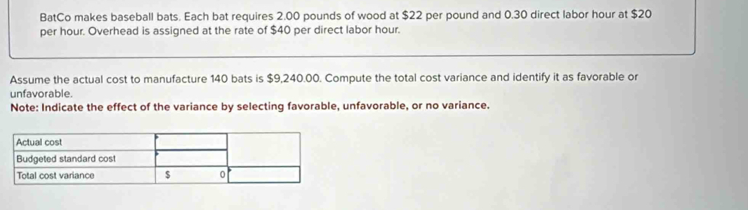 BatCo makes baseball bats. Each bat requires 2.00 pounds of wood at $22 per pound and 0.30 direct labor hour at $20
per hour. Overhead is assigned at the rate of $40 per direct labor hour. 
Assume the actual cost to manufacture 140 bats is $9,240.00. Compute the total cost variance and identify it as favorable or 
unfavorable. 
Note: Indicate the effect of the variance by selecting favorable, unfavorable, or no variance.