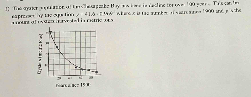 The oyster population of the Chesapeake Bay has been in decline for over 100 years. This can be 
expressed by the equation y=41.6· 0.969^x where x is the number of years since 1900 and y is the 
amount of oysters harvested in metric tons.