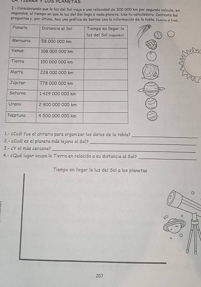 I- Considerando que la luz del Sol viaja a una velocidad de 300 000 km por segundo calcula, en 
segundos, el tiempo en que la luz del Sol llega a cada planeta. Usa tu calculadora. Contesta las 
preguntas y, por último, haz una gráfica de barras con la información de la tabla. Ilumina al final. 
1.- ¿Cuál fue el criterio para organizar los datos de la tabla?_ 
2.- ¿Cuál es el planeta más lejano al Sol?_ 
3.- cY el más cercano?_ 
4.- ¿Qué lugar ocupa la Tierra en relación a su distancia al Sol?_ 
Tiempo en llegar la luz del Sol a los planetas 
A 。 
。 
。 
207