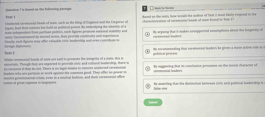 Solved: is based on the following passage. Mark for Review Text 1 Based ...