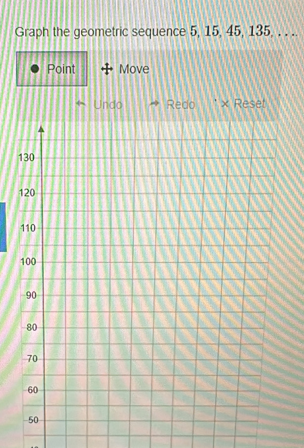 Graph the geometric sequence 5, 15, 45, 135, . . .. 
Point Move 
Undo Redo Reset