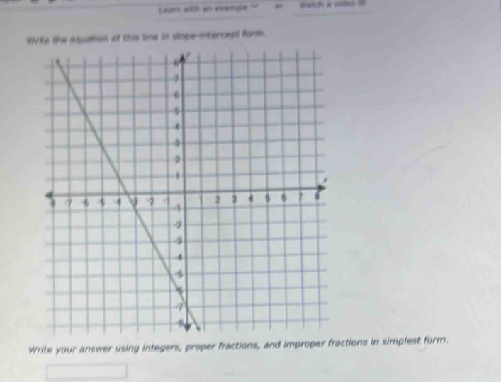 Leanh with at eclengõe @ 
Write the equation of this lie in siope-intercest form. 
Write your answer using integers, proper fractions, and improper fractions in simplest form.