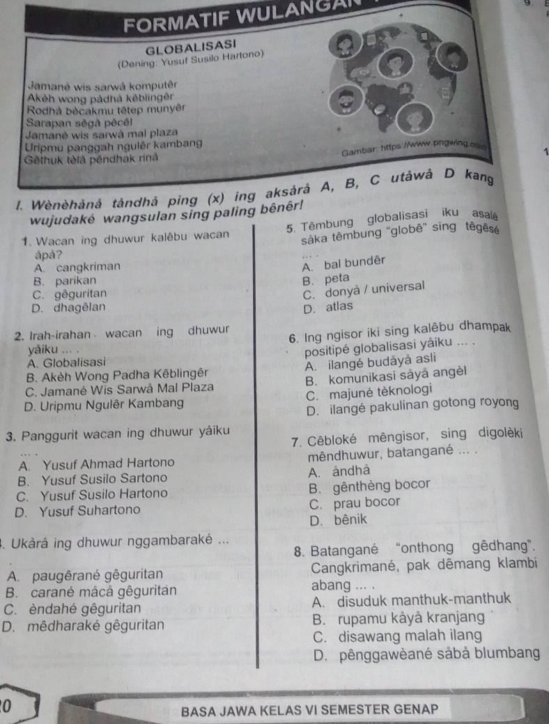 ANGAR
9
1
wujudaké wangsulan sing paling bê
1. Wacan ing dhuwur kalêbu wacan 5. Têmbung globalisasi iku asalé
sáka têmbung "globê” sing têgêsé
ápá?
A. cangkriman
A. bal bundêr
B. parikan B. peta
C. gêguritan
C. donyå / universal
D. dhagêlan D. atlas
6. Ing ngisor iki sing kalêbu dhampak
2. Irah-irahan wacan ing dhuwur
yǎiku ,, , ,
positipé globalisasi yáiku ... .
A. Globalisasi
B. Akèh Wong Padha Kêblingêr A. ilangé budåyā asli
C. Jamané Wis Sarwá Mal Plaza B. komunikasi sáyå angèl
D. Uripmu Ngulêr Kambang C. majunė tèknologi
D. ilangé pakulinan gotong royong
3. Panggurit wacan ing dhuwur yảiku
7. Cêbloké mêngisor, sing digolèki
A. Yusuf Ahmad Hartono mêndhuwur, batangané ... .
B. Yusuf Susilo Sartono A. ándhâ
C. Yusuf Susilo Hartono B. gênthèng bocor
D. Yusuf Suhartono C. prau bocor
D. bênik
4. Ukårá ing dhuwur nggambaraké ...
8. Batangané “onthong gêdhang”.
A. paugêrané gêguritan Cangkrimané, pak dêmang klambi
B. carané mâcå gêguritan
abang ... .
C. èndahé gêguritan A. disuduk manthuk-manthuk
D. mêdharaké gêguritan B. rupamu kåyå kranjang
C. disawang malah ilang
D. pênggawèané sábả blumbang
0
BASA JAWA KELAS VI SEMESTER GENAP