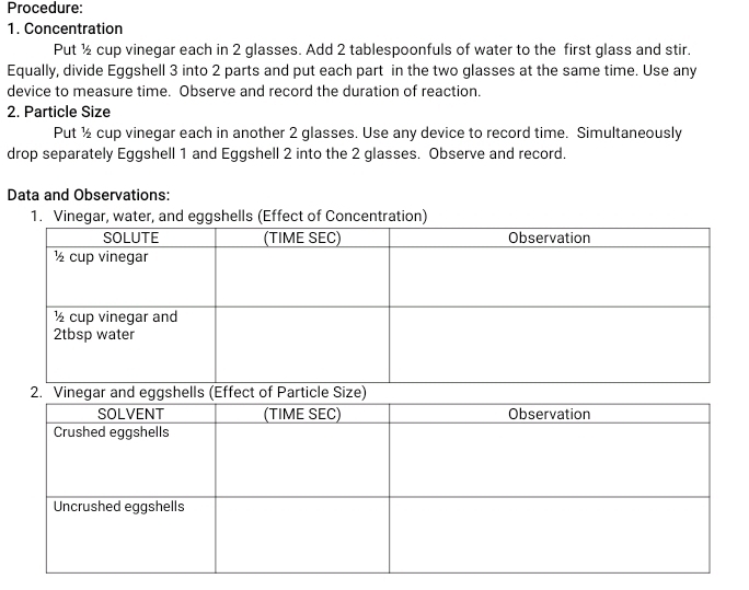 Procedure: 
1. Concentration 
Put ½ cup vinegar each in 2 glasses. Add 2 tablespoonfuls of water to the first glass and stir. 
Equally, divide Eggshell 3 into 2 parts and put each part in the two glasses at the same time. Use any 
device to measure time. Observe and record the duration of reaction. 
2. Particle Size 
Put ½ cup vinegar each in another 2 glasses. Use any device to record time. Simultaneously 
drop separately Eggshell 1 and Eggshell 2 into the 2 glasses. Observe and record. 
Data and Observations: 
hells (Effect of Concentration) 
2.gar and eggshell (Effearticle Size)