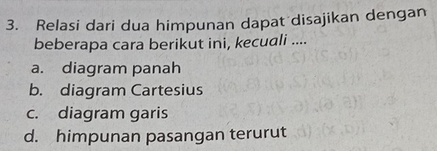 Relasi dari dua himpunan dapat disajikan dengan
beberapa cara berikut ini, kecuali ....
a. diagram panah
b. diagram Cartesius
c. diagram garis
d. himpunan pasangan terurut