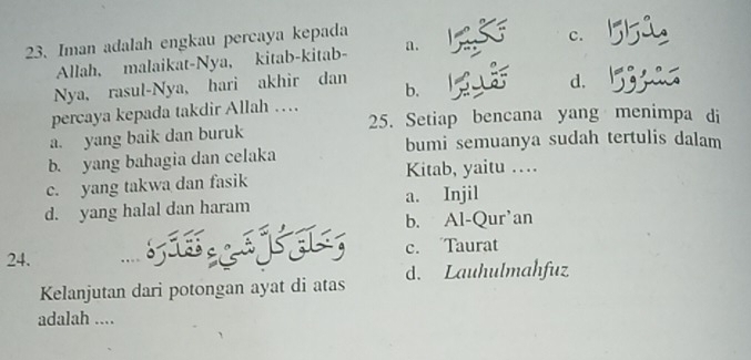 Iman adalah engkau percaya kepada
Allah, malaikat-Nya, kitab-kitab- a. c.
Nya, rasul-Nya, hari akhir dan b.
d.
percaya kepada takdir Allah …
25. Setiap bencana yang menimpa di
a. yang baik dan buruk bumi semuanya sudah tertulis dalam
b. yang bahagia dan celaka
c. yang takwa dan fasik Kitab, yaitu …
d. yang halal dan haram a. Injil
b. Al-Qur’an
24. Sak c. Taurat
Kelanjutan dari potongan ayat di atas d. Lauhulmahfuz
adalah ....