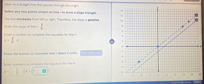 Line r is a straight line that passes through the origin. 
Select any two points shown on line r to draw a slope triangle. 
The line increases from left to right. Therefore, the slope is positive 
Enter the slope of line r :  2/3 
Enter a number to complete the equation for line r :
y= 2/3 x
x
Press the button to translate line r down 2 units. =ranslate Line 
Enter numbers to complete the equation for line k :
y= 2/3 x+(□ )
0 
€l 2923 Carrege Learorg