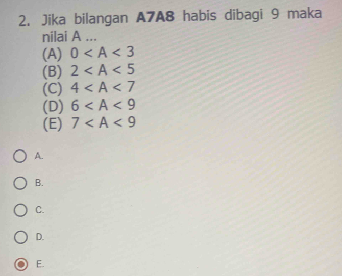 Jika bilangan A7A8 habis dibagi 9 maka
nilai A...
(A) 0
(B) 2
(C) 4
(D) 6
(E) 7
A.
B.
C.
D.
E.