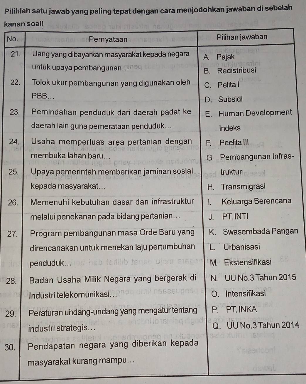 Pilihlah satu jawab yang paling tepat dengan cara menjodohkan jawaban di sebelah
kana
No.
21
22
23nt
24
s-
25.
26.a
27. gan
28.15
29.
014
30.