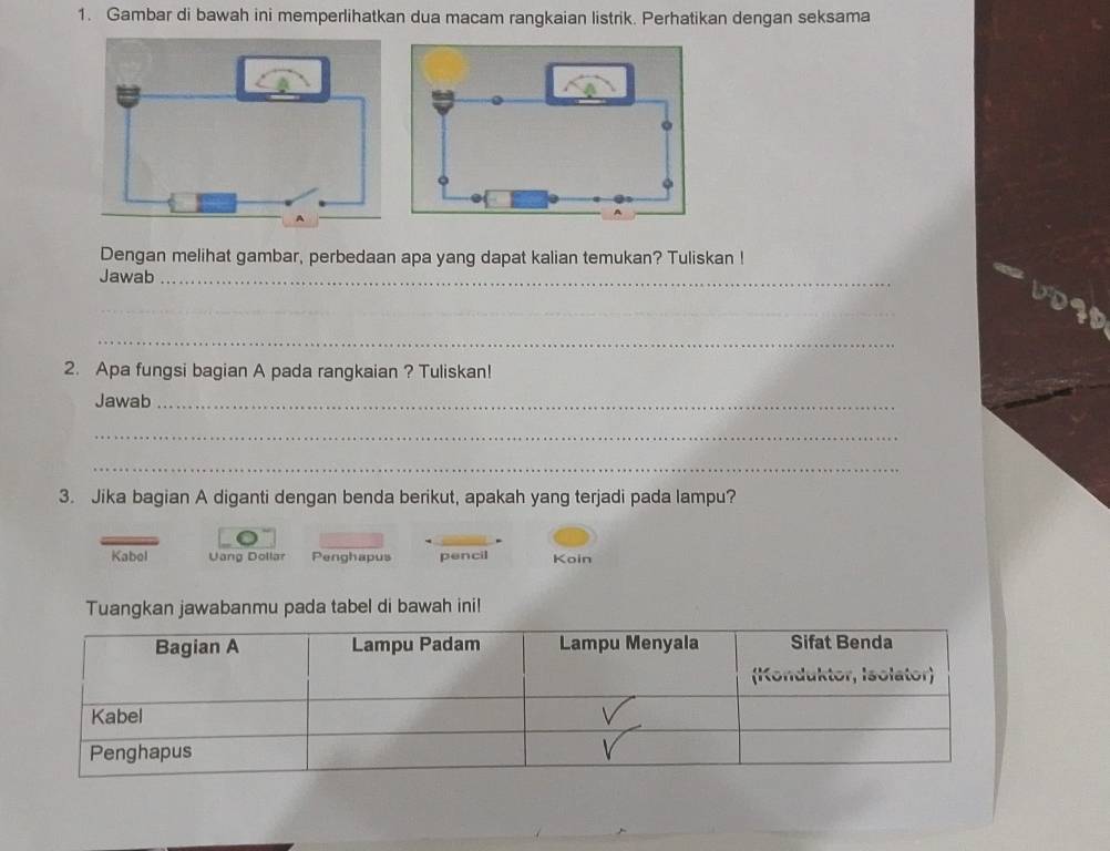 Gambar di bawah ini memperlihatkan dua macam rangkaian listrik. Perhatikan dengan seksama 
Dengan melihat gambar, perbedaan apa yang dapat kalian temukan? Tuliskan ! 
Jawab_ 
_ 
_ 
2. Apa fungsi bagian A pada rangkaian ? Tuliskan! 
Jawab_ 
_ 
_ 
3. Jika bagian A diganti dengan benda berikut, apakah yang terjadi pada lampu? 
Kabol Uang Dollar Penghapus pencil Koin 
Tuangkan jawabanmu pada tabel di bawah ini!