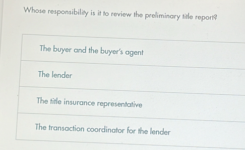 Whose responsibility is it to review the preliminary title report?
The buyer and the buyer's agent
The lender
The title insurance representative
The transaction coordinator for the lender