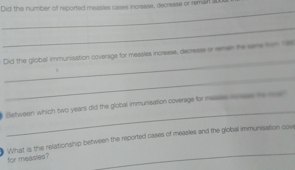 Did the number of reported measles cases increase, decrease or remain a00t 
_ 
_ 
_ 
Did the global immunisation coverage for measles increase, decresse or reman the same tom t 
_ 
_ 
Between which two years did the global immunisation coverage for masees te me e 
What is the relationship between the reported cases of measles and the global immunisation cove 
for measles? 
_