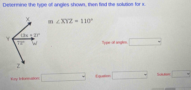 Determine the type of angles shown, then find the solution for x.
m∠ XYZ=110°
Type of angles. □
Key Information: □ Equation: □ Solution: □