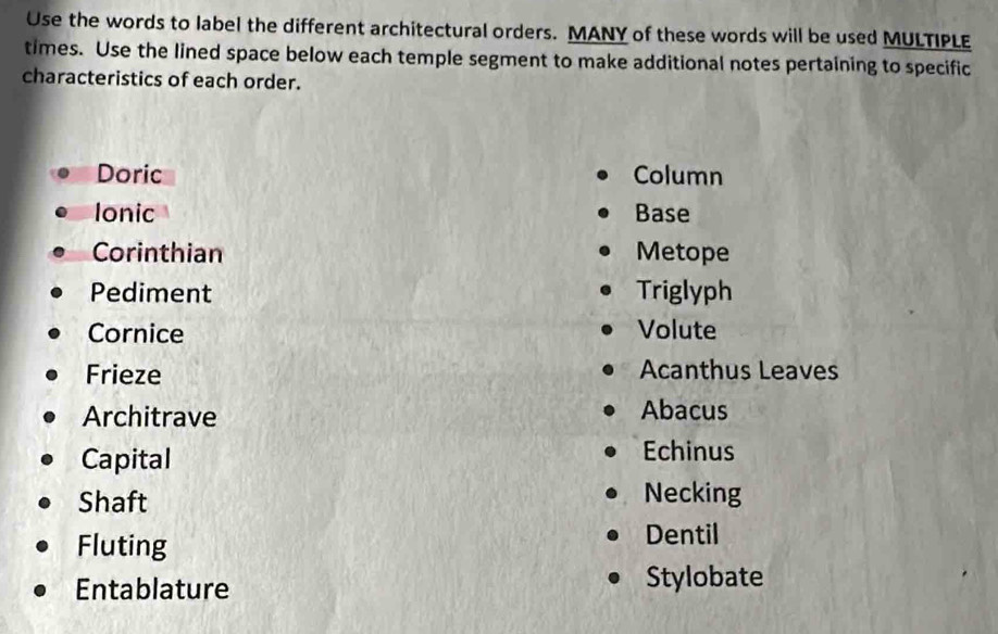 Solved: Use the words to label the different architectural orders. MANY ...
