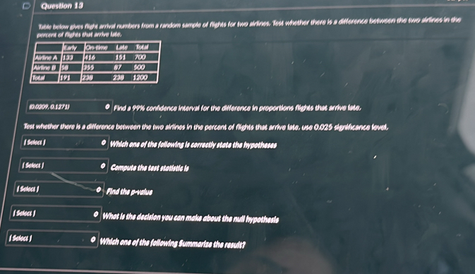 Table below gives flight arrival numbers from a random sample of flights for two airlines. Test whether there is a difference between the two airlines in the
percent of flights that arrive late.
(0.0209. 0.1271) • Find a 99% confdence interval for the difference in proportions flights that arrive late.
Test whether there is a difference between the two airlines in the percent of flights that arrive late, use 0.025 significance level.
| Seloct ) Which one of the following is correctly state the hypotheses
( Solect ) Compute the test statistic is
( Solect ) Find the p -value
| Solocs ) What is the decision you can make about the null hypothesis
| Salocs ) Which one of the following Summarize the result?