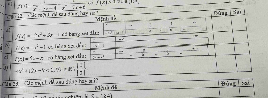 f(x)= 1/x^2-5x+4 - 1/x^2-7x+6  có f(x)>0,forall x∈ (1,4)

d
Câu 23. Các mệnh đề sau đúng hay sai? Đúng Sai
Mệnh đề
t  tê n nghiêm là S=(3:4)