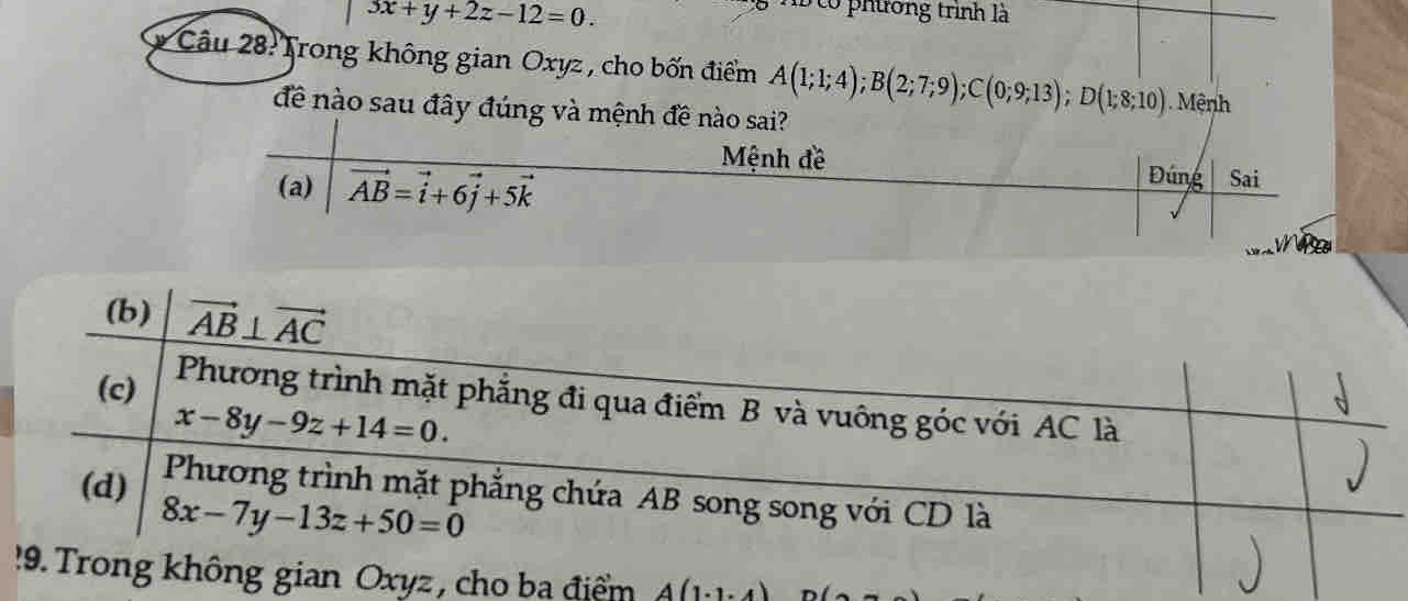 3x+y+2z-12=0.
to phương trình là
Câu 28: Trong không gian Oxyz , cho bốn điểm A(1;1;4);B(2;7;9);C(0;9;13);D(1;8;10) Mệnh
đề nào sau đây đúng và mệnh
(b) vector AB⊥ vector AC
(c) Phương trình mặt phẳng đi qua điểm B và vuông góc với AC là
x-8y-9z+14=0.
(d) Phương trình mặt phẳng chứa AB song song với CD là
8x-7y-13z+50=0
9. Trong không gian Oxyz , cho ba điểm A(1· 1· 4)