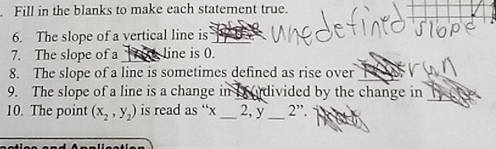 Fill in the blanks to make each statement true. 
6. The slope of a vertical line is 
7. The slope of a line is 0. 
8. The slope of a line is sometimes defined as rise over 
9. The slope of a line is a change in D udivided by the change in 
10. The point (x_2,y_2) is read as “ x _ 2, y_  2''