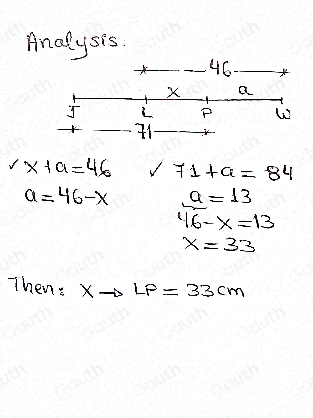 Solved: JP is 71 cm. LW is 46 cm. JW is 84 cm. Find LP.: * [Math]