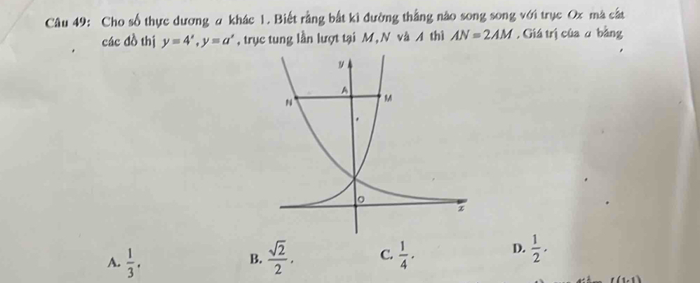 Cho số thực dương a khác 1. Biết rằng bắt kì đường thắng nào song song với trục Ox mà cất
các đồ thị y=4^x, y=a^x , trục tung lần lượt tại M, N và A thì AN=2AM , Giá trị của ā bằng
A.  1/3 ,  sqrt(2)/2 . C.  1/4 . 
B.
D.  1/2 .
I(1,1)