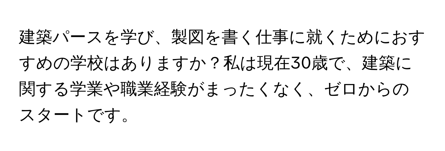 建築パースを学び、製図を書く仕事に就くためにおすすめの学校はありますか？私は現在30歳で、建築に関する学業や職業経験がまったくなく、ゼロからのスタートです。