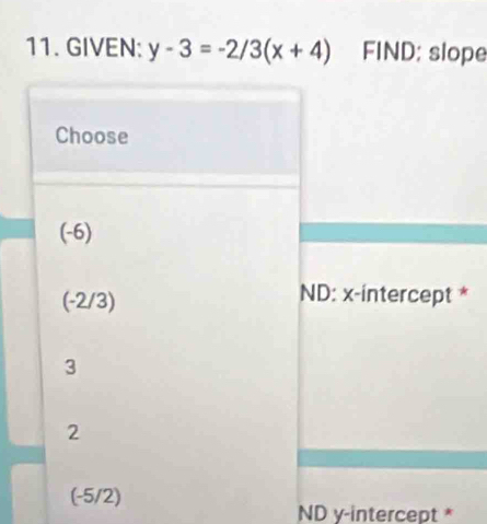 GIVEN: y-3=-2/3(x+4) FIND: slope 
* 
ND y-intercept *