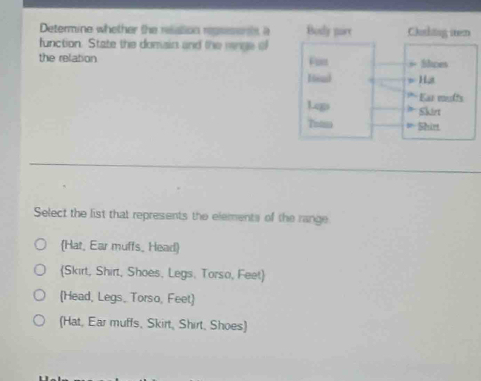 Determine whether the relation regsesents a
function. State the domain and the renge of
the relation 
Select the list that represents the elements of the range
Hat, Ear muffs, Head)
Skirt, Shirt, Shoes, Legs. Torso, Feet
(Head, Legs. Torso, Feet)
(Hat, Ear muffs, Skirt, Shirt, Shoes)