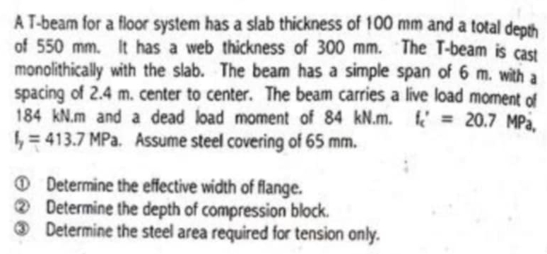 Solved: A T-beam for a floor system has a slab thickness of 100 mm and ...