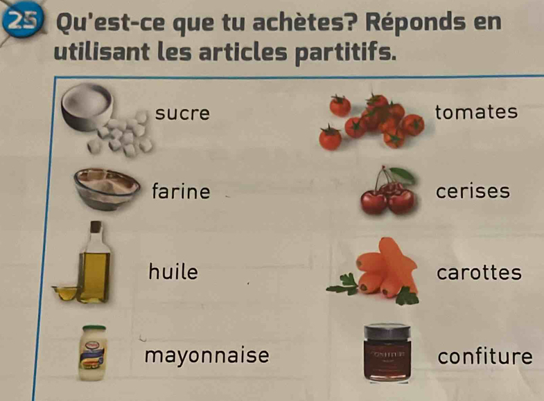 Qu'est-ce que tu achètes? Réponds en 
utilisant les articles partitifs. 
sucre tomates 
farine cerises 
huile carottes 
mayonnaise confiture