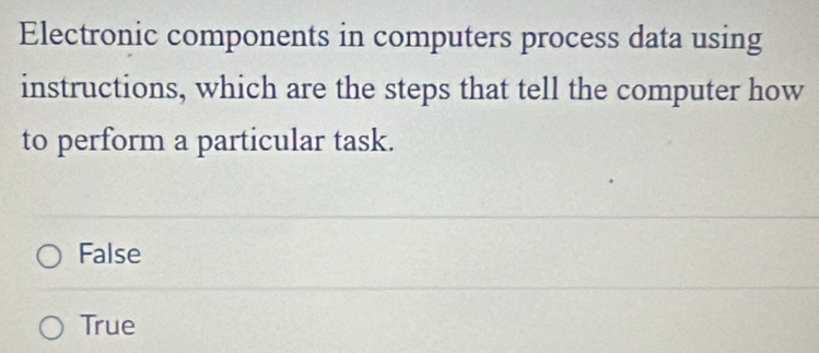 Electronic components in computers process data using
instructions, which are the steps that tell the computer how
to perform a particular task.
False
True