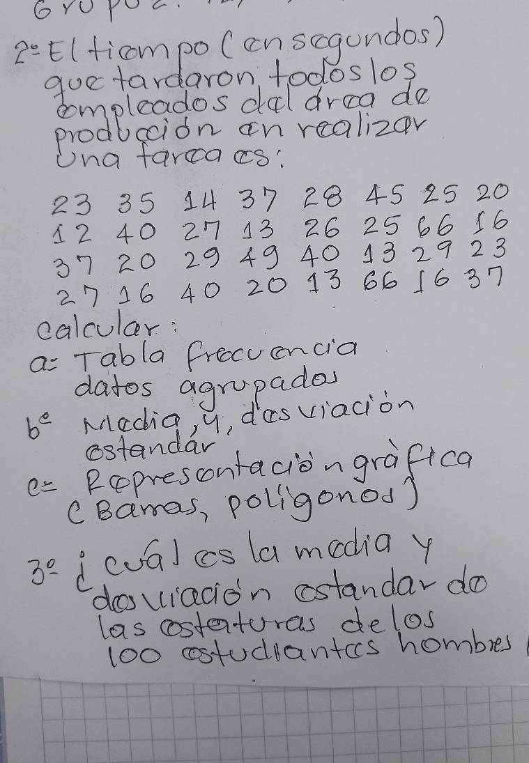 z° (ficompo (cn scgundos) 
quctardaron todoslos 
compleados dal dreado 
produccion on realizar 
Una farcacs!
23 35 14 37 28 45 25 20
12 40 27 13 26 25 66 16
37 20 29 49 40 132923
2716 40 20 13 66 16 37
calcular: 
a Tabla frocuencia 
datos agrupados 
b^c Madia, y, desviacion 
ostandar 
e= Represcontaciongrafica 
cBamas, poligonod)
3°- d(va)cs la media y 
doviecion cstandar doo 
las csterturas delos 
1o0 ostudeantcs hombres